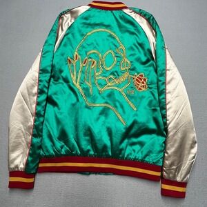 New Urban Outfitters‎ Satin Bomber Jacket Skull RoseEmbroidered Multi Trim Small